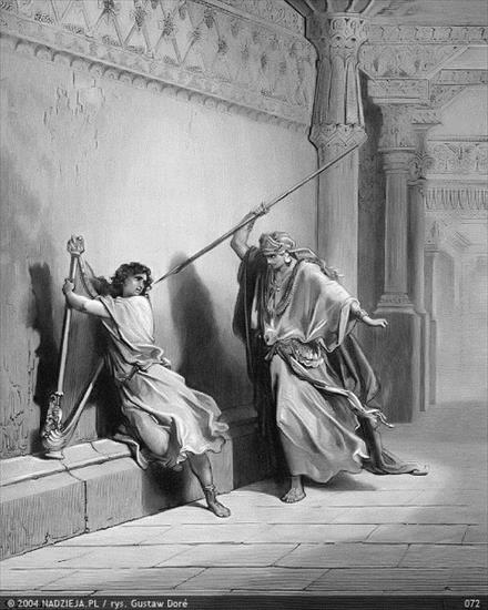 Grafiki Gustawa Dor do Biblii Jakuba Wujka - 072 Saul godzi oszczepem w Dawida 1 Król. 8,10.jpg
